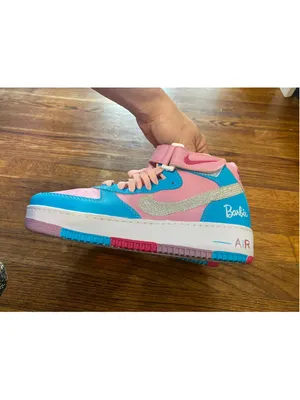 Custom Hand Painted Nike Air Force 1 High Barbie Pink Blue Glitter Sneakers OOAK thumbnail 3