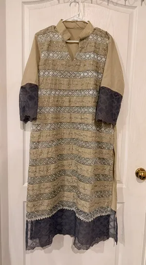Handmade Indian Beige and Gray Embroidered Formal Women's Dress thumbnail 1