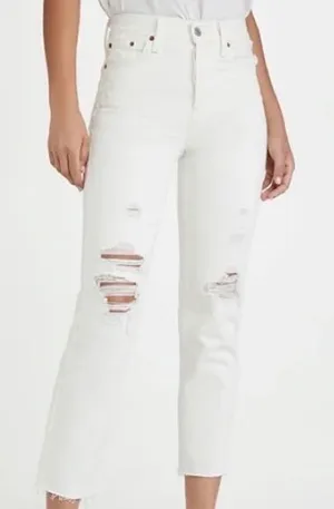 NWT Levi's 501’s White Distressed High‎ Rise Raw Hem Straight Leg Denim Jeans thumbnail 1