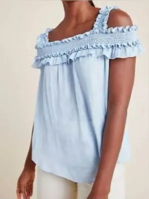 Anthropologie Finn Light Blue Ruffle Off-Shoulder Women's Top thumbnail 1