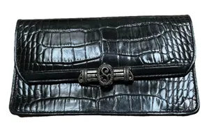BRIGHTON Zip Around Glossy Black Croc‎ Leather Clutch Wallet thumbnail 1