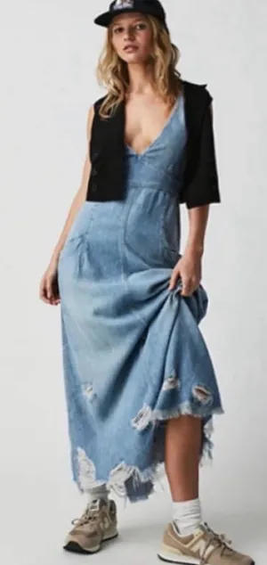 Free People We The Free Wonderland Denim Maxi Dress Small thumbnail 1