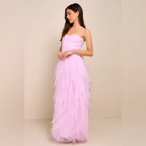 LULU’S Delightful Beauty Pink Mesh Strapless Ruched Ruffled Maxi Dress thumbnail 4