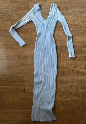 Ribbed V-Neck Long Sleeve Maxi Dress - Light Blue thumbnail 1