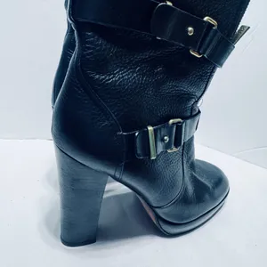 Coach Black Pebbled Leather Moto Boots Double Buckle Platform Block Heel Sz 10B thumbnail 2