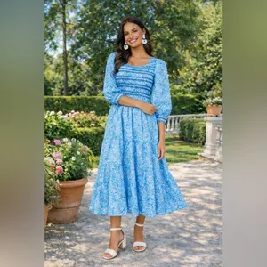 NWT Pink City Prints Isabel Dress XS Ornate Sky Blue Cotton Smocked Midi thumbnail 14