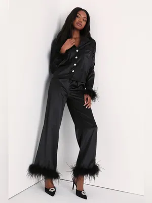 LULU’S Dreamiest Delight Black Satin Feather Two-Piece Pajama Set thumbnail 3
