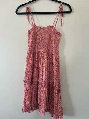 Pink Ditsy Floral Smocked Mini Dress Medium Tie Strap Cottagecore Summer Beach thumbnail 7