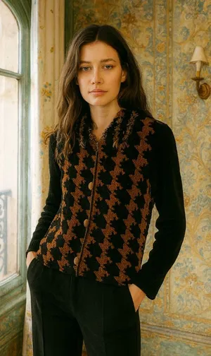 Lisa International Zip‎ Sweater Womens Gold Black Argyle Chenille Frilly 90s Y2K thumbnail 1