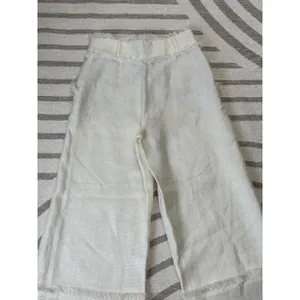 Uterqüe Women Off White Wide Leg Crop Pants Textured Raw Hem Fringe High Waist S thumbnail 7