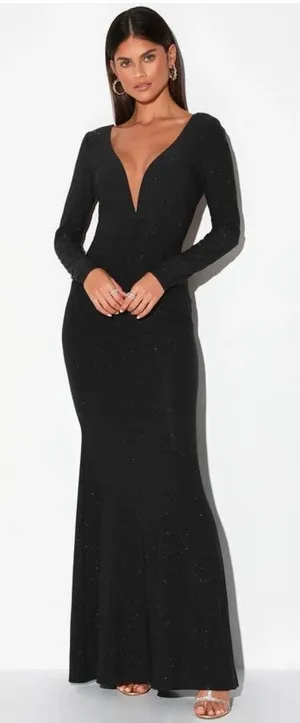 NWT Lulus Glamorous in Glitter Black Long Sleeve Backless Maxi Dress Gala Sz XS thumbnail 1