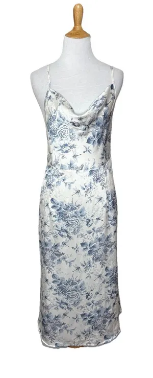 Cider Cowl Neck Blue White Dragonfly Satin Dress Cottagecore Criss Size Large thumbnail 1