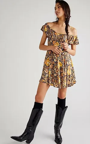 NWT Spell Hibiscus‎ Lane Off-Shoulder Sun Dress Licorice Floral XS Boho Mini thumbnail 1