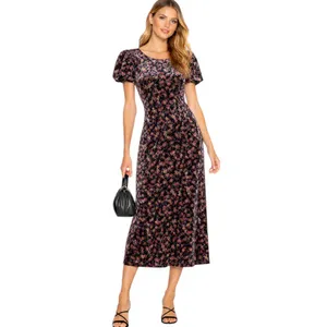NWT Mable Leighton Floral Velvet Puff Sleeve Midi Dress Navy Size L thumbnail 11