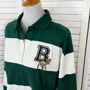 Disney Bambi Y2K Rugby Stripe‎ Cropped Polo Shirt Green White Small Long Sleeve thumbnail 5