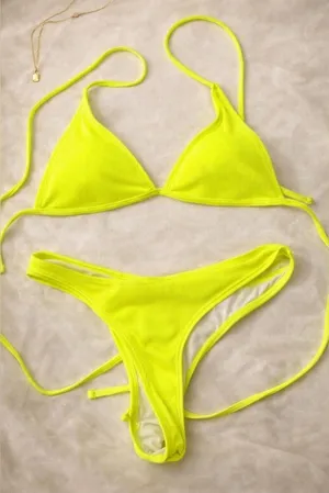 Source Unknown Neon Lime Ribbed Triangle Bikini Set thumbnail 1