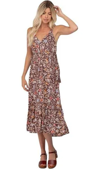 Pinkblush Boho Brown Floral Empire Waist Ruffle Hem Maternity Midi Dress Small thumbnail 1