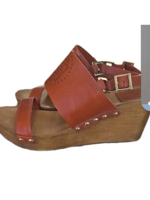 Tory Burch Womens Orange Gold Leather Wooden Wedge Sandals Size 9 Boho Preppy thumbnail 9
