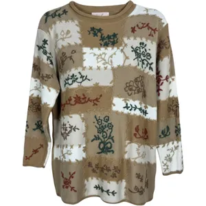 Jaclyn Smith Womens Patchwork Floral Knit Sweater Tan Cream Green Size M thumbnail 1