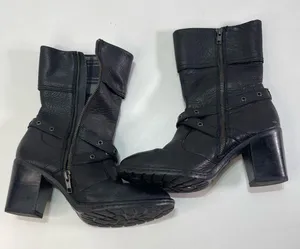 Born Boots Wmn 7.5 Gilary Blck Pebbled Leather Moto Block Heel Biker Belt Strap thumbnail 2