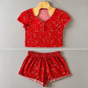 1250 | Heart Print Lettuce Trim Pajama Set Loungewear Red‎ Women XL 16-18 thumbnail 2