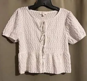 White‎ Texture Peplum Tie Front Top Blouse Short Sleeve Casual thumbnail 1
