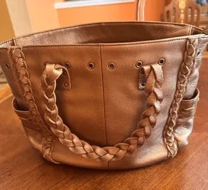Nordstrom Brown Genuine Leather Tote Shoulder Bag Medium Boho Braided Trim thumbnail 1