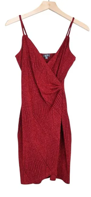 Lily Rose Women's XS Red Shimmer Knotted Side Wrap Fitted Cocktail Dress thumbnail 1