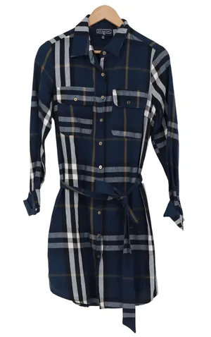 Duffield Lane Shirt Dress Womens M Navy Plaid Belted Button Down Excellent thumbnail 1