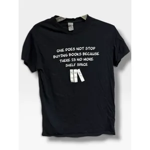Gildan Black Graphic T-Shirt One Does Not Stop Buying Books Women Small thumbnail 2