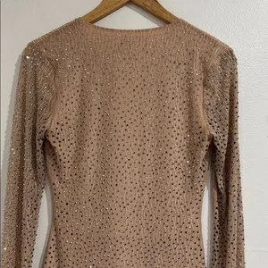 Windsor Sequin V-Neck Long Sleeve Dress - Tan EUC thumbnail 3
