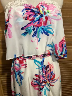 Yumi Kim Silk Strapless Floral Ruffled Dress in White, Pink & Blue Size XS thumbnail 4