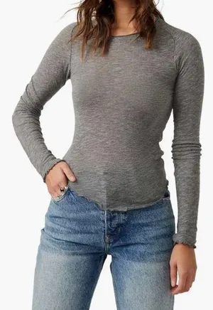 We The Free Free People Be My Baby Long Sleeve Knit Top Size Large Gray Neutral Minimalist thumbnail 1