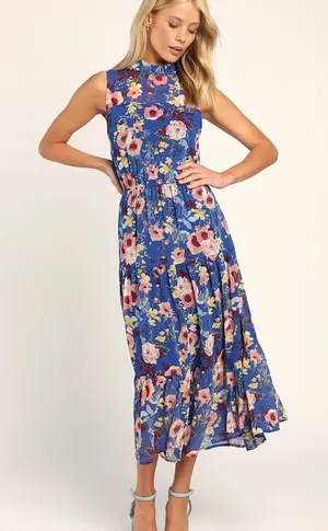 NWOT Lulus In My Dreams Blue Floral Print Midi Dress M thumbnail 1