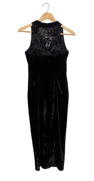 Vintage Y2K Black Velvet Lace Button Down Midi Dress Sleeveless Layering Goth XS thumbnail 2