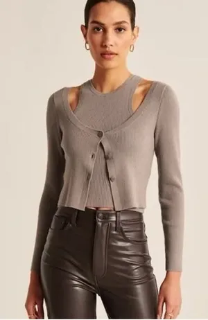 Abercrombie & Fitch Sweater Set Womens Large Brown Ribbed Knit Cardigan Tank thumbnail 1