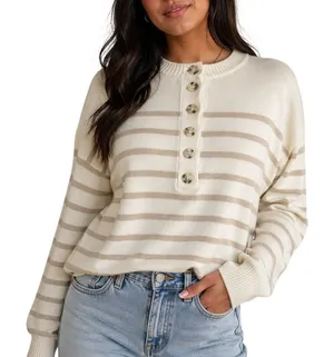 Pink Lily Striped Button Neck Sweater Cream Tan Small Coastal Grandma thumbnail 1