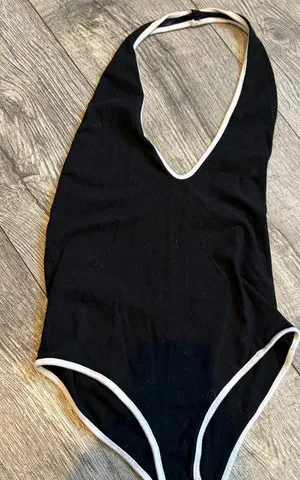 Black and White Halter Top Bodysuit Plain Solid Womens Small Clips On Bottom thumbnail 1
