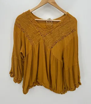 Adiva Top Women XL Mustard Yellow Boho Babydoll Casual Lagenlook‎ Embroidered thumbnail 1