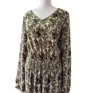Noir Khaki Green Floral V-Neck Smocked Drop Waist Long Sleeve Knee Length Dress thumbnail 4