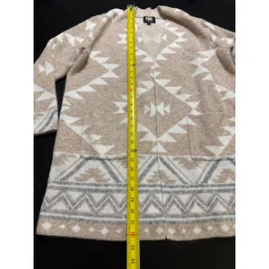 Frye Womens Southwestern Geometric Open Front Cardigan Sweater Tan Cream Largeo thumbnail 2