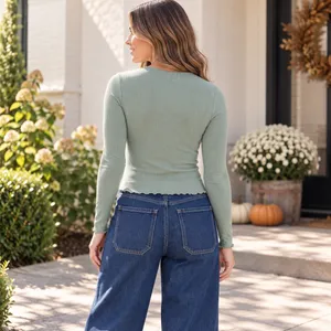 Universal Thread Sage Green Ribbed Lettuce Edge Button Front Cardigan Top S thumbnail 2