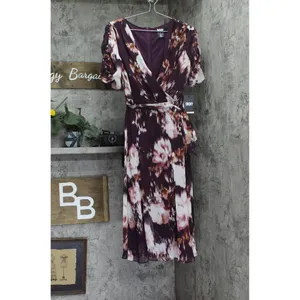 NWT DKNY Tie-Waist Ruched Puff Sheer Sleeves Dress Raisin Purple Multi 4 thumbnail 5