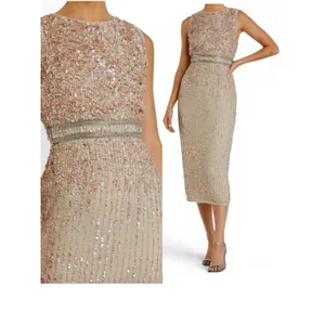 Mac Duggal Nude‎ Champagne Beaded Sequin Midi Sheath Cocktail Dress NWT Sz 8 thumbnail 5