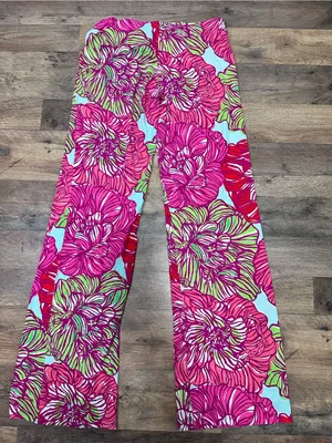 Lilly Pulitzer Pink Floral Wide-Leg Pants with Lime & Red Accents thumbnail 4