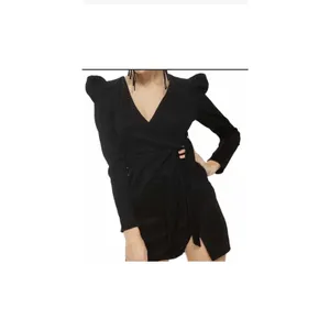 TOPSHOP Black Sparkly Mini Dress Slit Faux Wrap VNeck Puff Long Sleeve Size 10 thumbnail 3