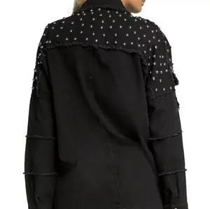 Fantastic Fawn Studded Jacket Black L Collared Snap Frayed Long Sleeve thumbnail 2