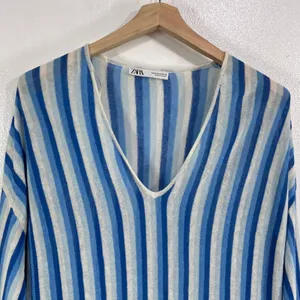 Zara Knit Dress Women's Medium Blue‎ White Vertical Stripe Linen Blend Maxi Slit thumbnail 6