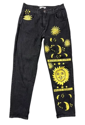 Womens M Graphic Yellow Sun Moon Stars Denim Black Straight Jeans Boho thumbnail 1