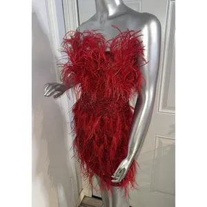 ASHLEYlauren 4615 Red Beaded Feather Cocktail Dress Strapless 2 Pageant Prom thumbnail 9